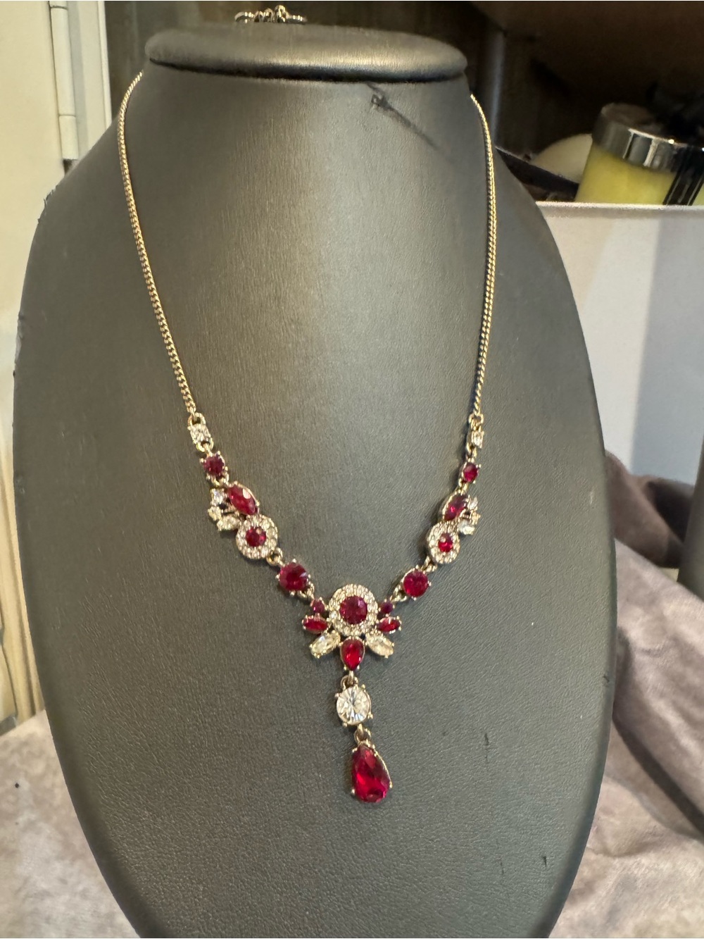 Givenchy Elegant Ruby‎ Red Crystal Drop Necklace - Adjustable